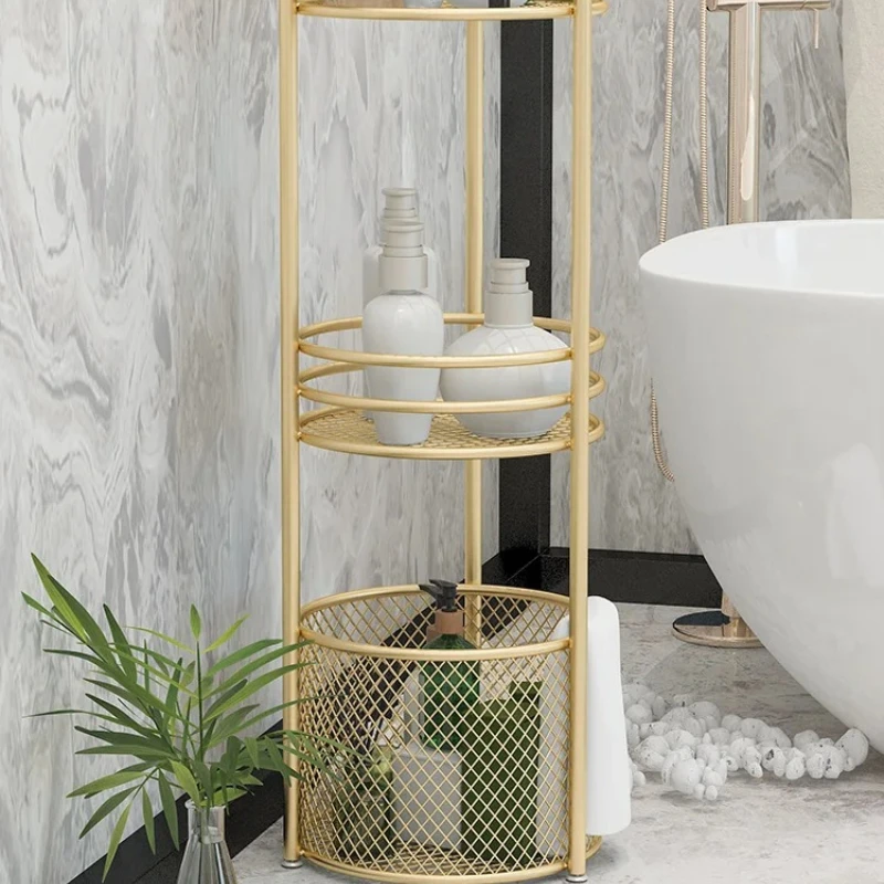 

Трехъярусная золотистая металлическая корзина для хранения в ванной комнате, многофункциональная напольная полка-корзина