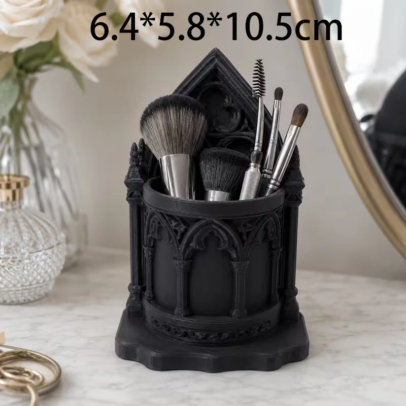 Medieval Gothic Cathedral Brush Holder 3D Printed Black Sculpture Cosmetic Storage Cup Dark Gothic Vanity Decor