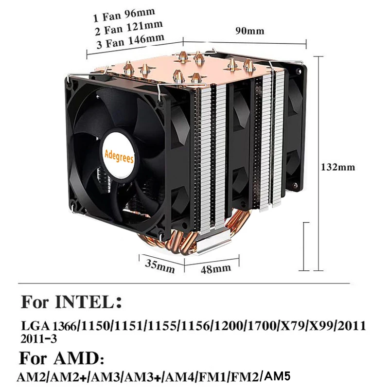 CPU Air-cooled Cooler 4PIN 6 Heatpipes PC Processor Ventilador For Intel LGA 1366 1151 1155 1200 1700 2011 X79 X99 AM5 AM3 AM4