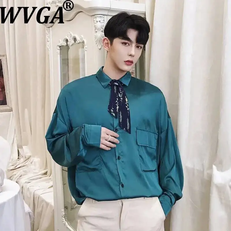 

WVGA Spring Autumn New Men Large Pocket Design Trendy Long Sleeved Shirt Unique Bow Tie Decoration Niche Chic Casual Tops W23780