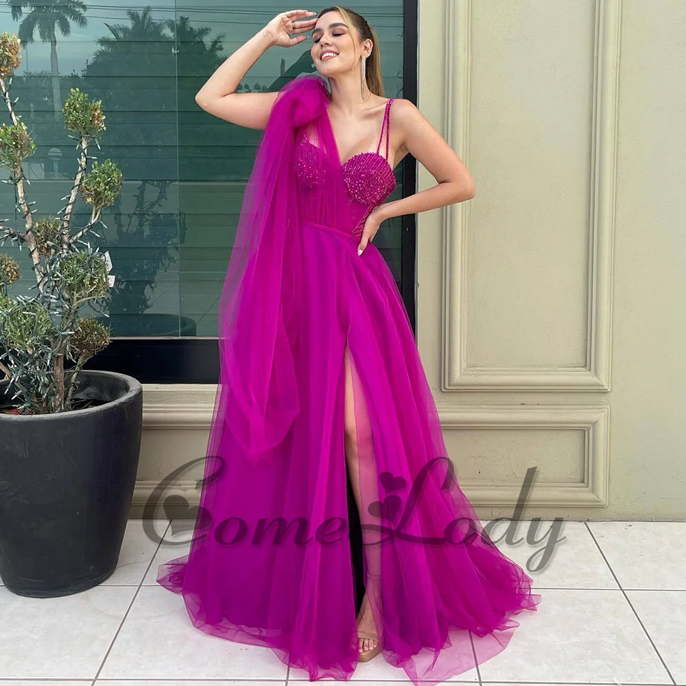 

Comelody Attractive Prom Dresses for Women Saudi Arabric Tulle Asymmetric Charming Side Slit Formal Gown Plus Custom Made