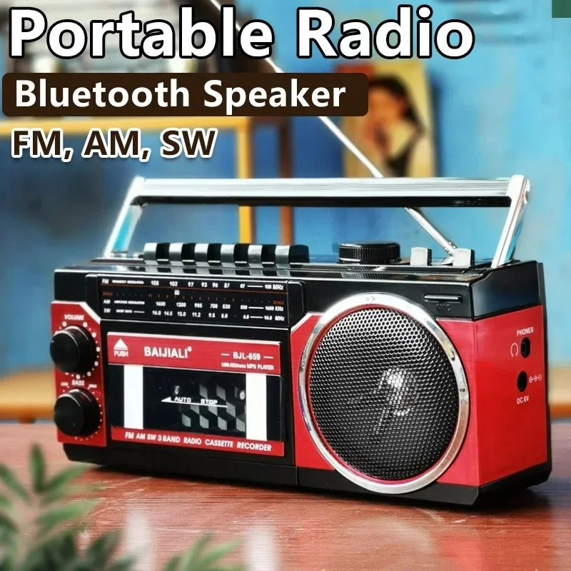 Retro Desktop Cassette Recorder Player AM/FM Portable Radio with Auto Stop USB/TF Card Support