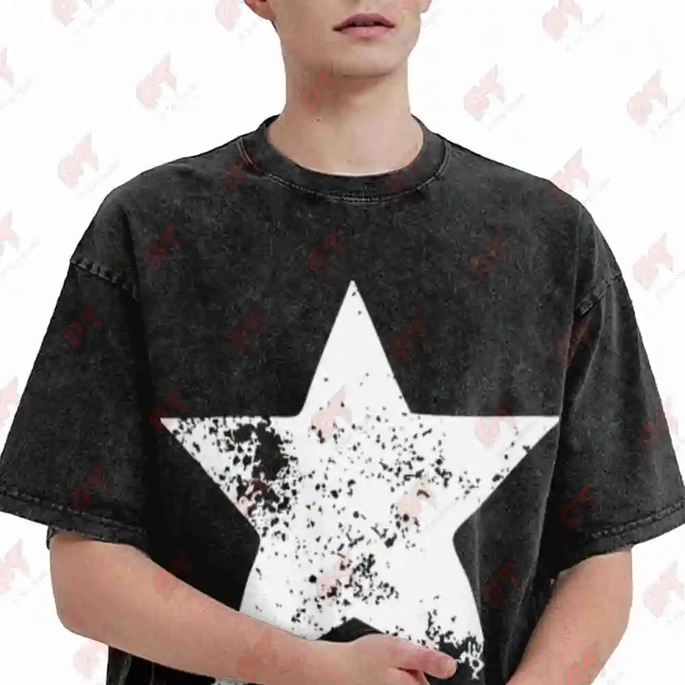 White Five Pointed Star Vintage Washed Tee Pure Cotton T-Shirt