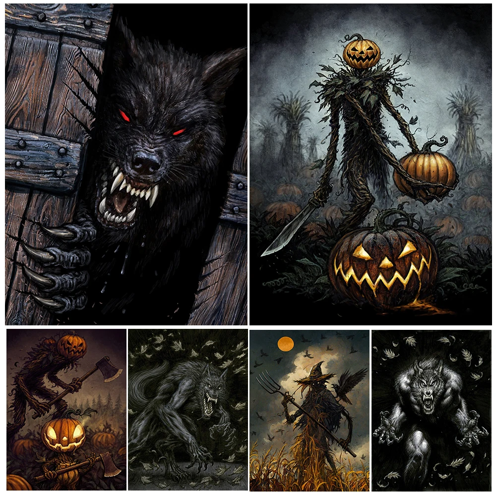 Scarecrow Demon And Werewolf Vintage Wall Art Canvas Painting Horrible Pumpkin Evil Spirit Art Poster And Print Home Decoration