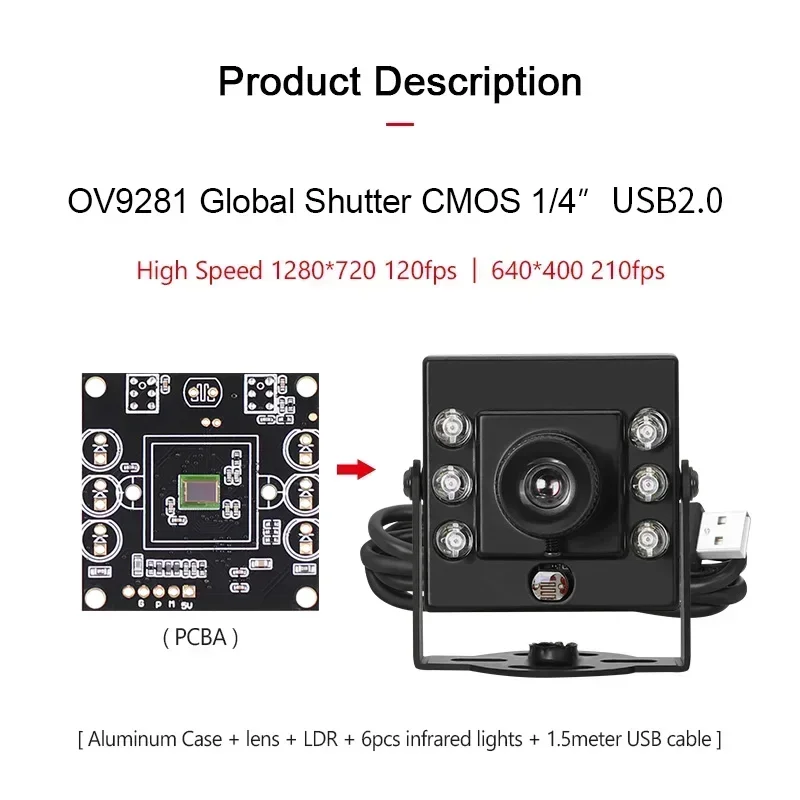 3206 720P OV9281 8mm 30degrees IR850 distortionless USB Global shutter 210fps  Industrial vision Mini