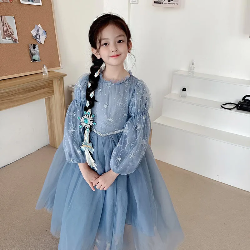 Girl's Blue Winter Theme Party Dress Warm Long Puff Sleeve Starry Sky Print Thickened Plush Liner Tulle Birthday Party Dress