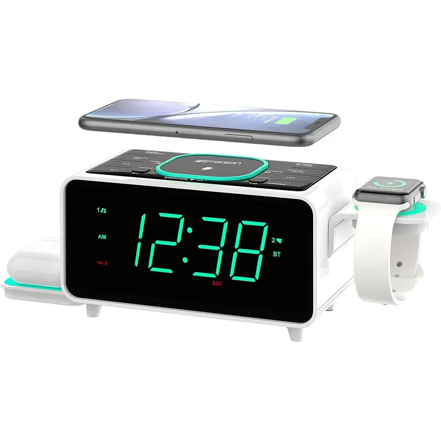 

Smartset Dual Alarm Clock FM Radio with Wireless Charging, Bluetooth Speaker, Ultra Fast Charging for Airpods iPhone, Foldable S