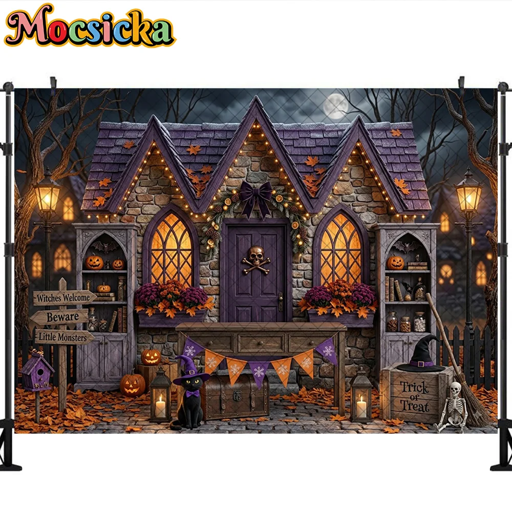 Mocsicka Photography Backdrop Halloween Stone Witch House Decoration Trick Or Treat Kids Party Portrait Portrait Studio Prop