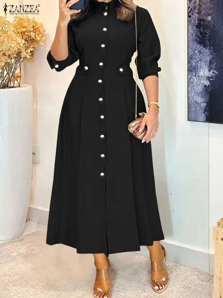 ZANZEA Sukienki midi plus size dla kobiet, eleganckie, codzienne, z golfem, długi rękaw, zapinane na guziki, rozkloszowane, długa sukienka, odzież damska FW, rozmiar 5XL