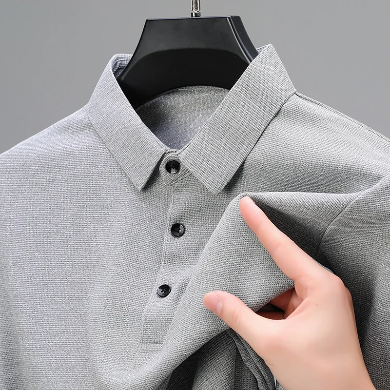 Herrenmode Waffel Solides Langarm Poloshirt Sommer Atmungsaktives Bequemes Top