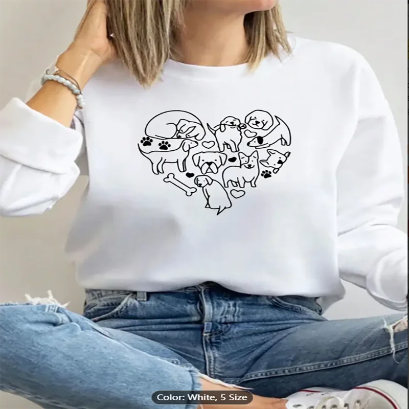 Womens White Sweatshirt Dog Heart Graphic Print Casual Oversized Pullover Top for Dog Lovers Pure Cotton Machine Washable