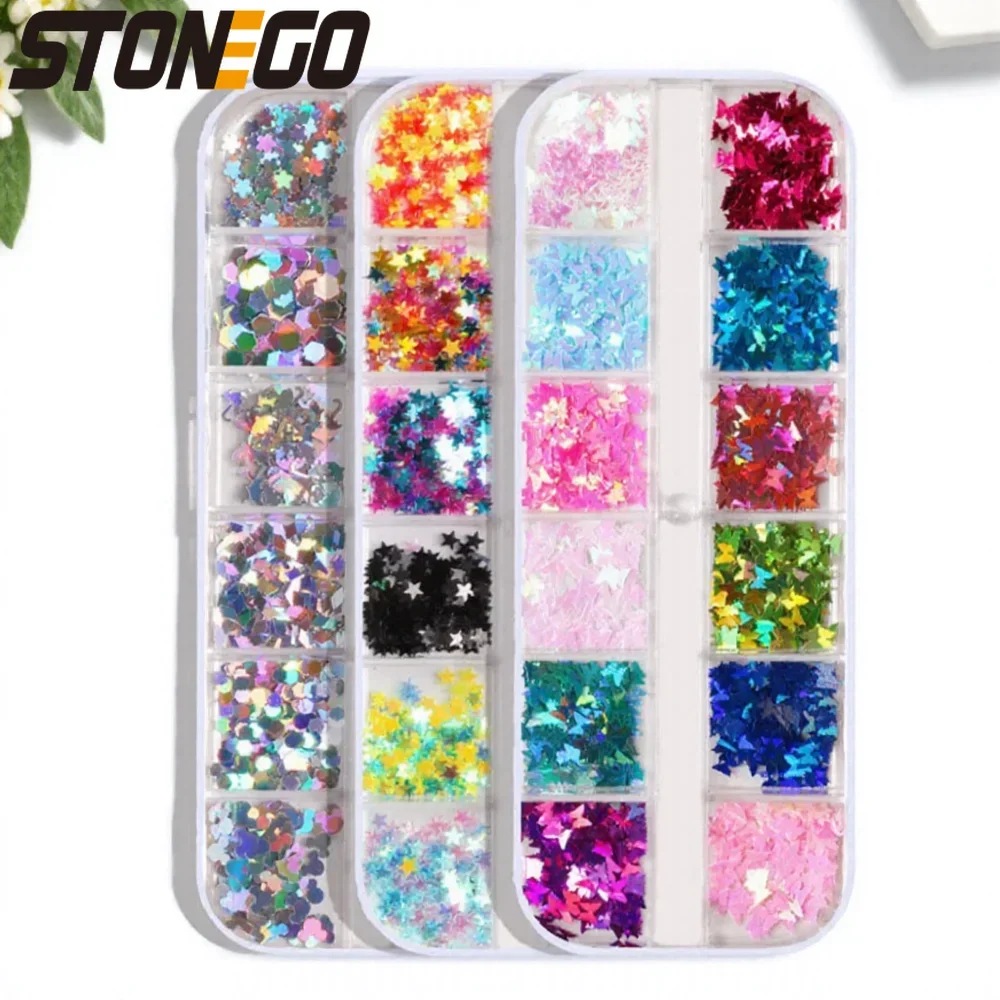 12 شبكة المجسم مسمار بريق الترتر ثلاثية الأبعاد فراشة نجوم رقائق هندسية سباركلي مسمار الفن زينة ل مانيكير البولندية #1