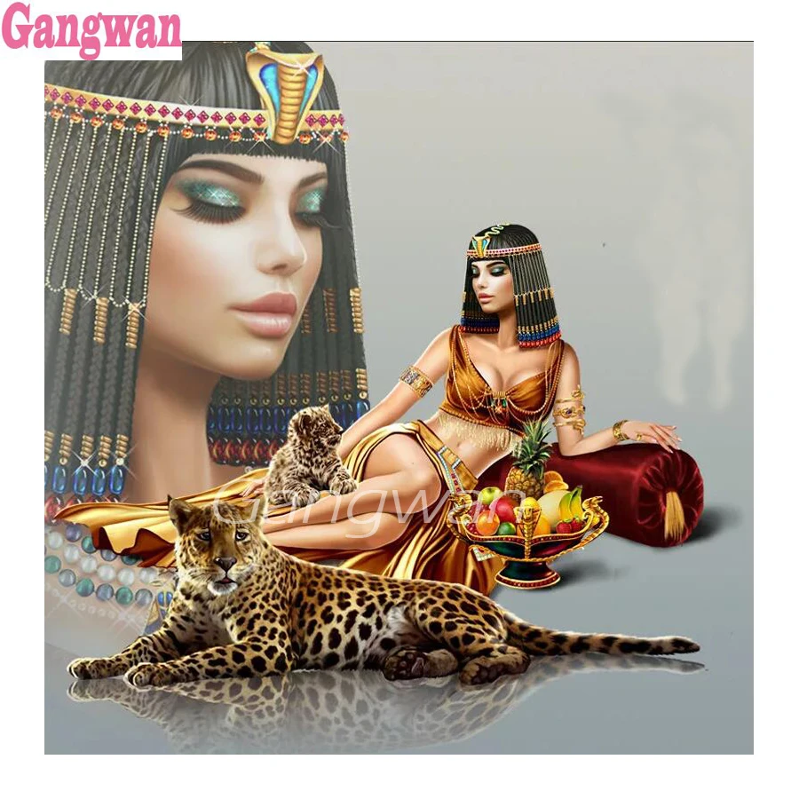 5d Diy Diamond Painting Egyptian Beauty, Cleopatra diamond rhinestone full square round diamond embroidery mosaic leopard decor