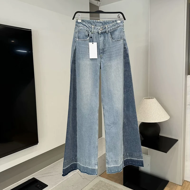Women's High Waist Wide Leg Jeans Summer Contrast Panel Denim Pants Streetwear Fashion Casual Two Tone Straight-Leg Pants
