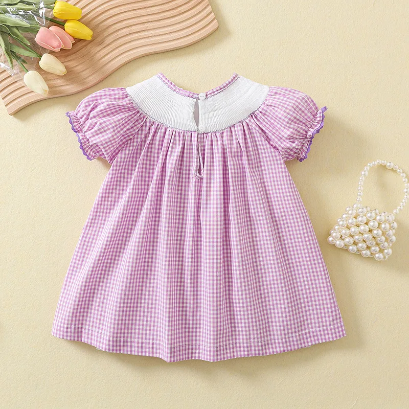 2024 Handmade Embroidery Summer Dress for Baby Girls Kids Smocked A-line Plaid Dresses Children Casual Loose One-piece Outfits