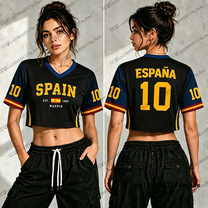 Summer New Spain Flag Print T-shirt For Women Short Sleeve Sexy Crop Top Football Jersey Y2k V-neck Sports Tees Casual Retro Top