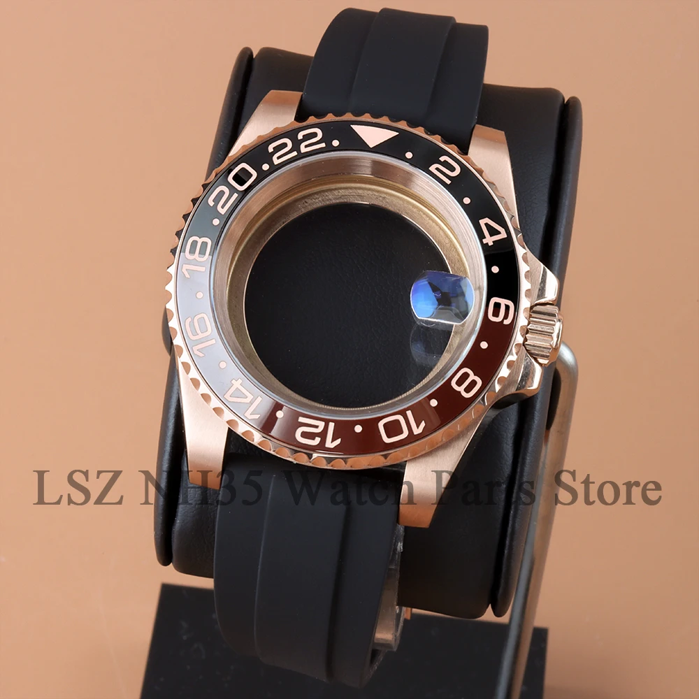 40mm Watch Case Rose Gold Sapphire Glass For SUB GMT YACHT-MASTER Seiko NH34 NH35 NH36 NH38 Movement 28.5mm Dial Rubber Strap