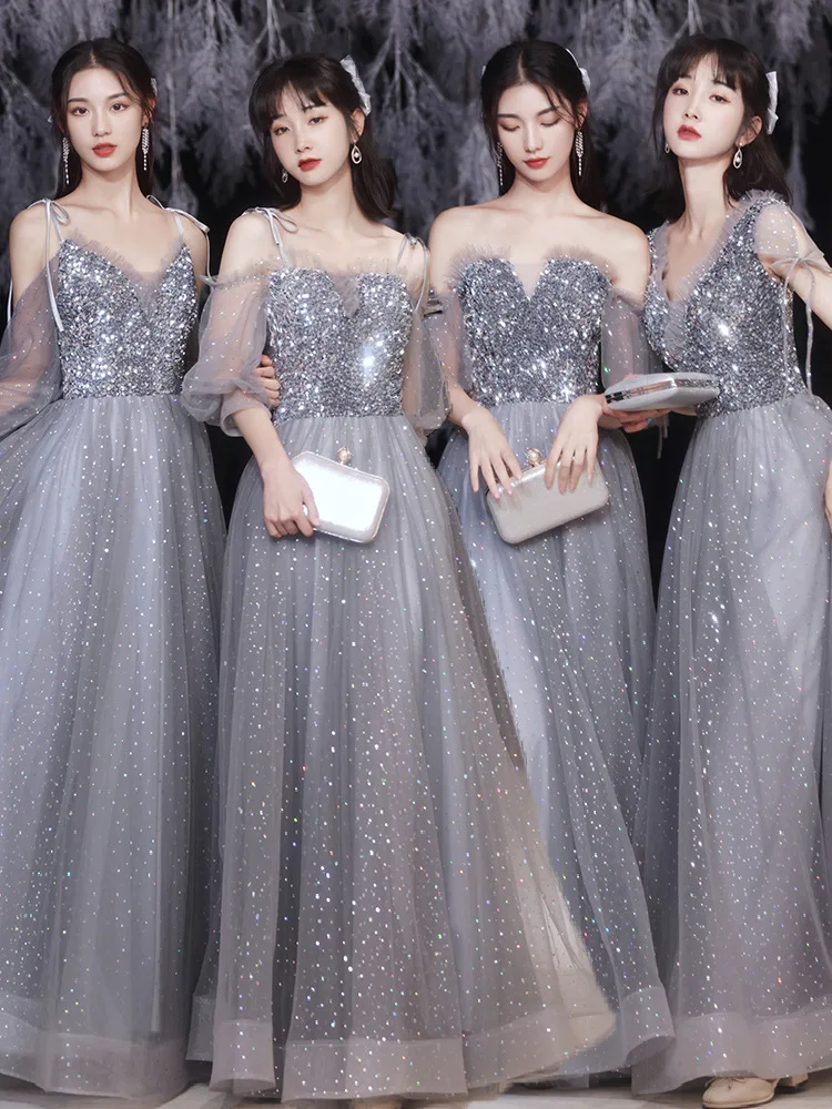 

Elegant Gray Bridesmaid Dress 2025 New Female Off Shoulder Lace Strap Bow Floor Length A-Line Classical Glitter Tulle Dress