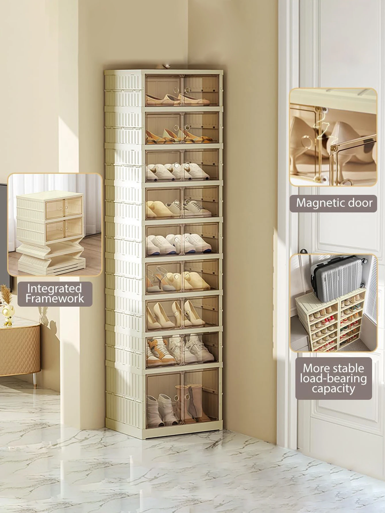 Foldable Shoe Rack Storage Box, 3-9 Layers, Can Hold 6-18 Pairs of Shoes, 43.5 Inches Wide | Foldable Shoe Storage with Doors, Plastic Shoe Cabinet with Wheels, for Entryway and Living Room, Easy-to-Assemble Shoe Rack