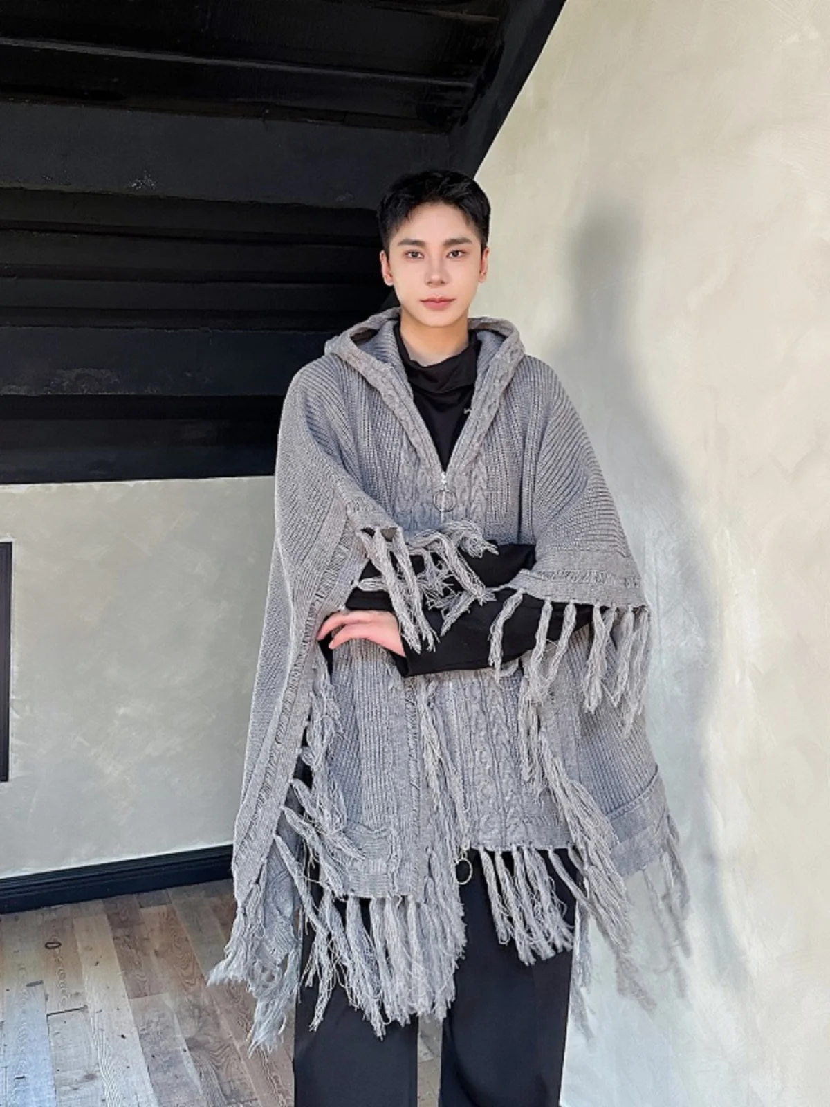 

Fringed Hem Hooded Scarf Sweater ex Trendy Personali Match Open Cardigan Sweater Outerwear for Autumn Season