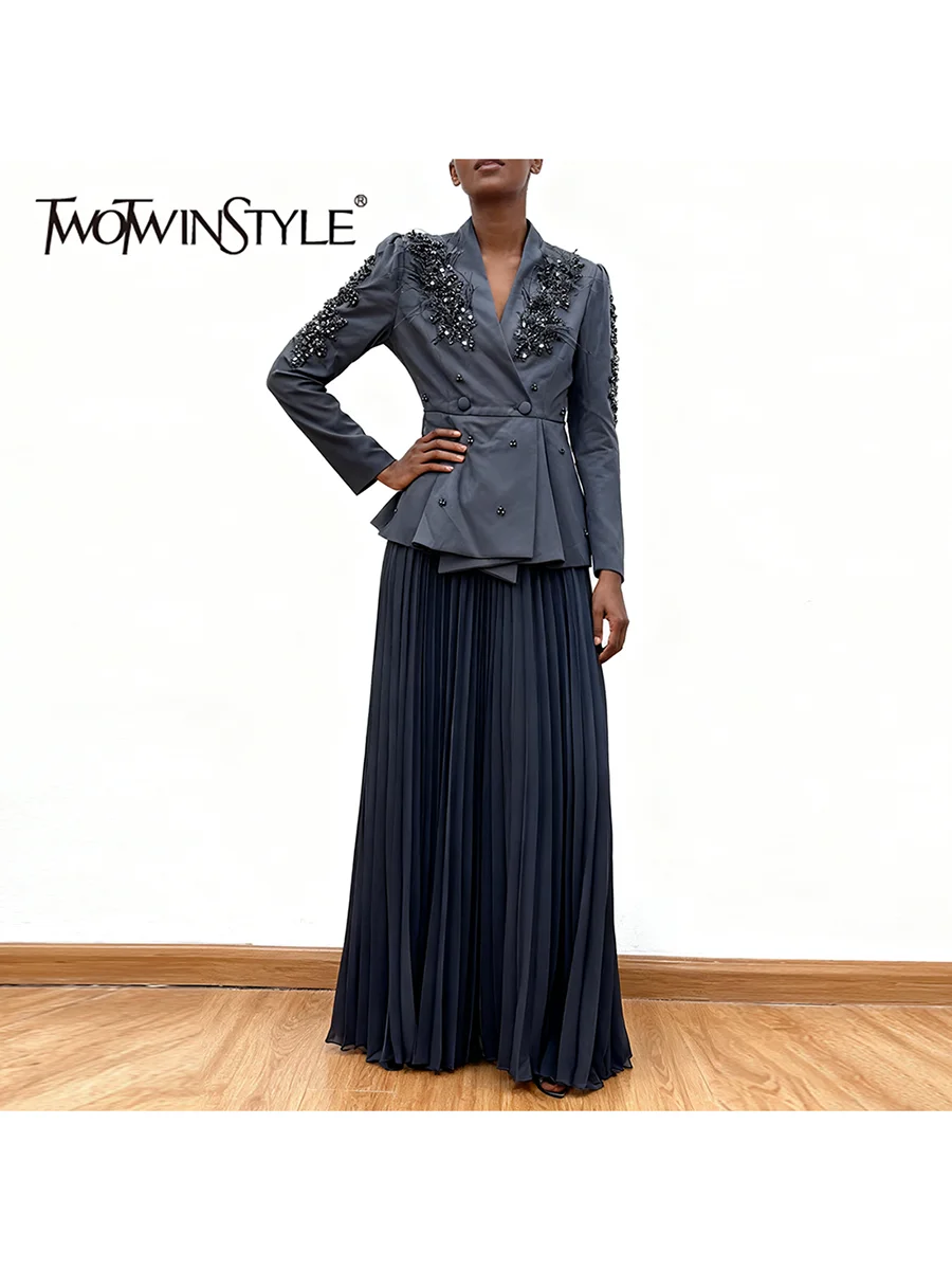 

TWOTWINSTYLE Elegant Two Piece Set for Women V Neck Long Sleeve Patchwork Beading Tunic Top Pleated Skirt Office Suit Female New