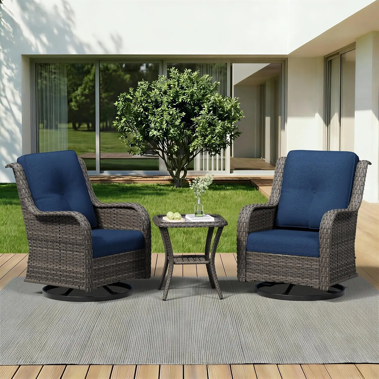 3 Piece Outdoor Wicker Patio Furniture Set, Swivel Rocker Patio Chairs Set with Thickened Olefin Cushions, High Back and Deep Se