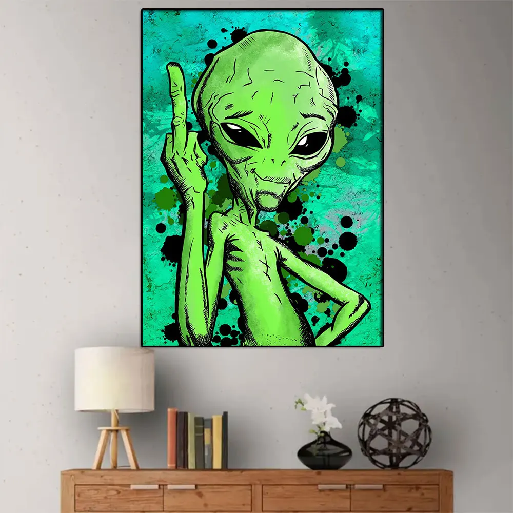 

Abstract Art Painting On Canvas Aesthetic Poster Print Green Alien Artwork Wall Office Room Bedroom Decoration Picture Frameless