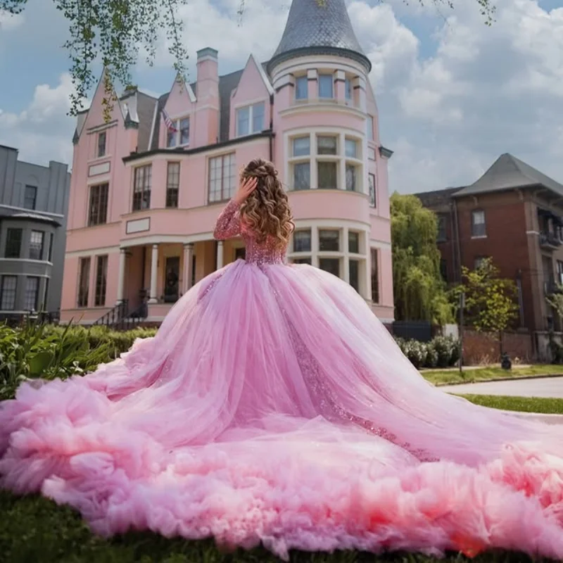 Customized Pink Off Shoulder Quinceanera Dress Lace sequin applique crystal layering feather trailing vestidos de 15 Quinceanera
