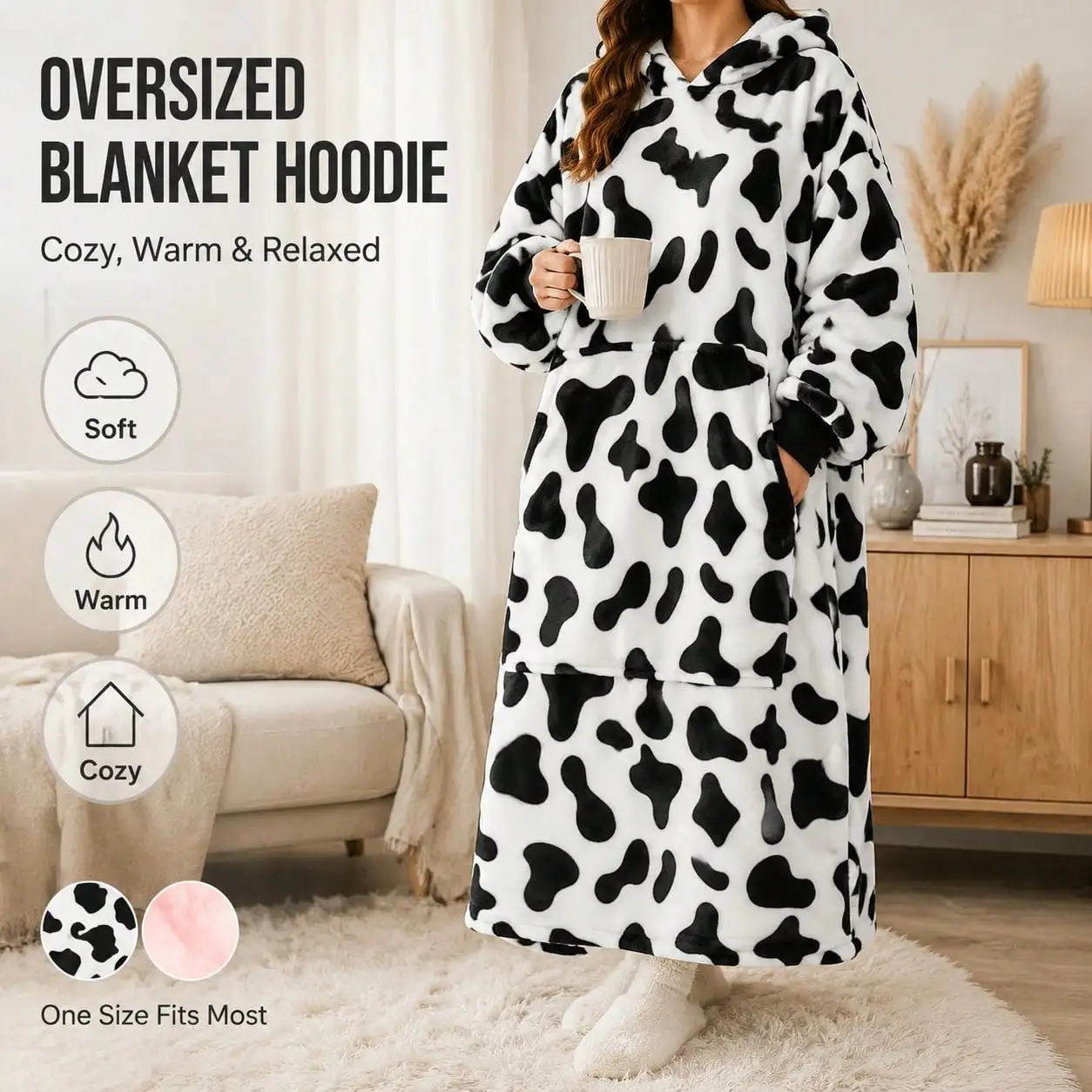 Oversized Cow Print Blanket Hoodie, Unisex Long Fleece Hooded Lounger Robe With Giant Pocket, Cozy Warm Flannel Sleep Dress Loungewear For Men & Women