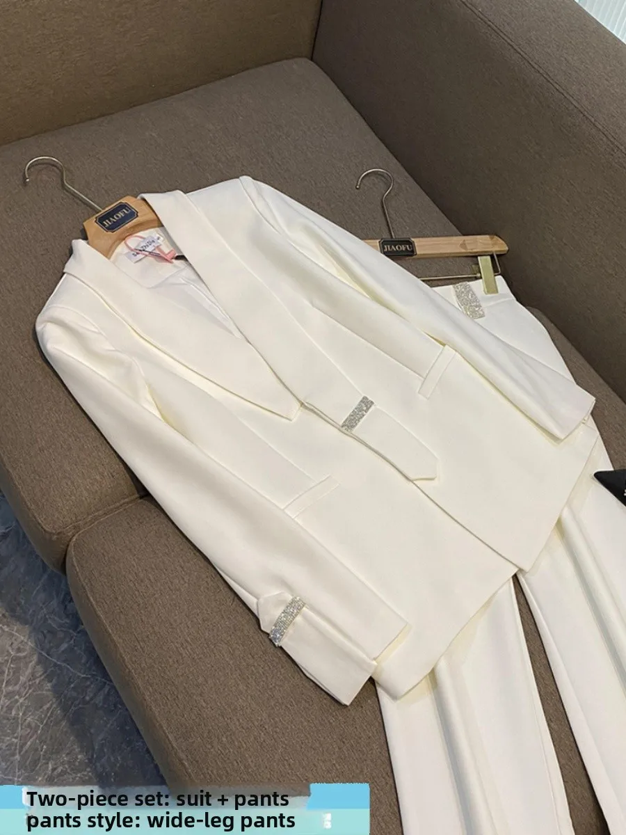 Ensemble de costume pantalon blanc à jambes larges pour femmes, ensemble deux pièces formel Profional Faion Sensation fer sur strass C32