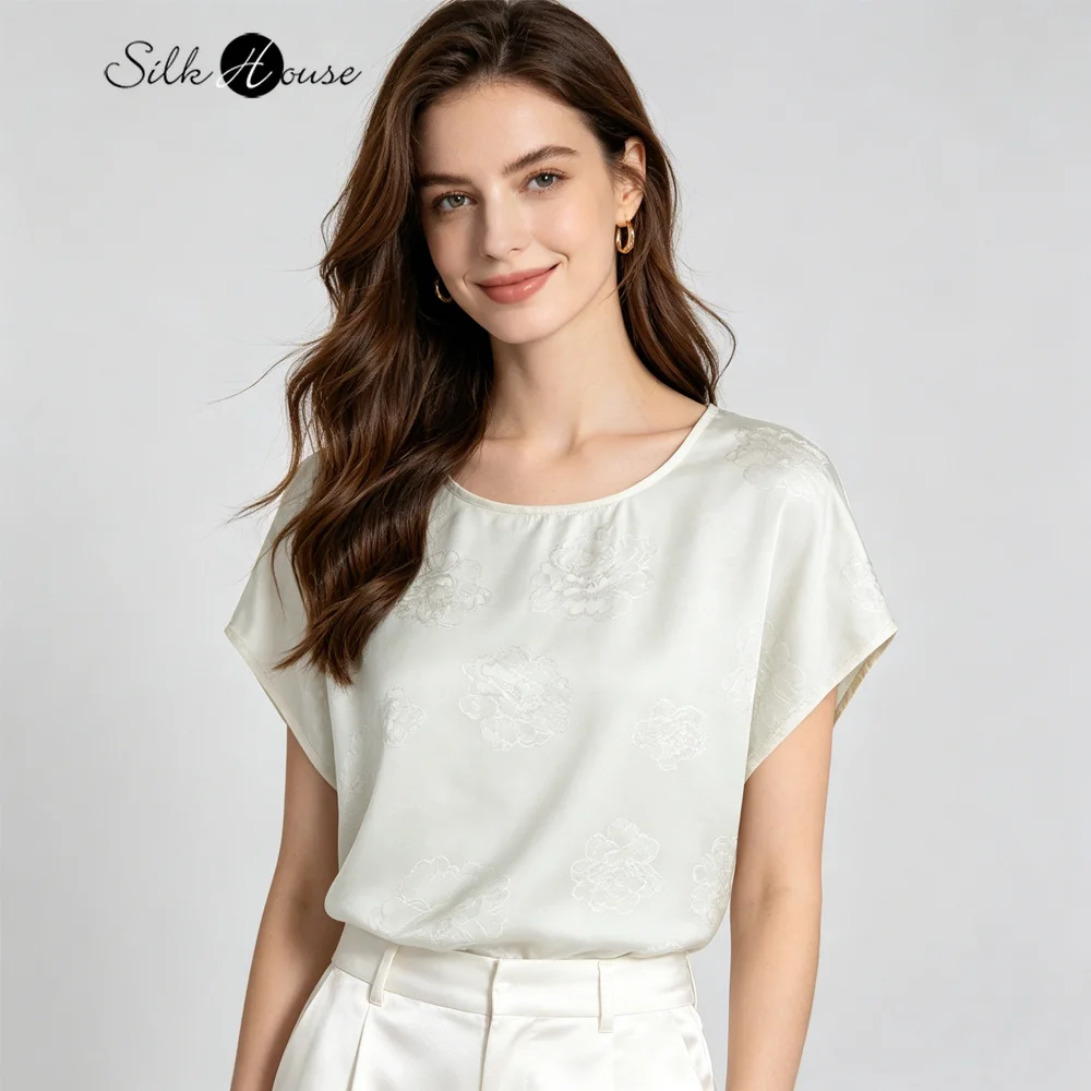 Women's Casual Summer New Beige Peony Print 100% Natural Mulberry Silk HuaLuo Versatile Round Neck Short Sleeved T-shirt
