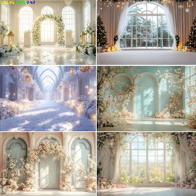 

Grand White Floral Archway Photography Backdrops Church Luxurious Wedding White Room With Flowers Window Photo Background HL-05