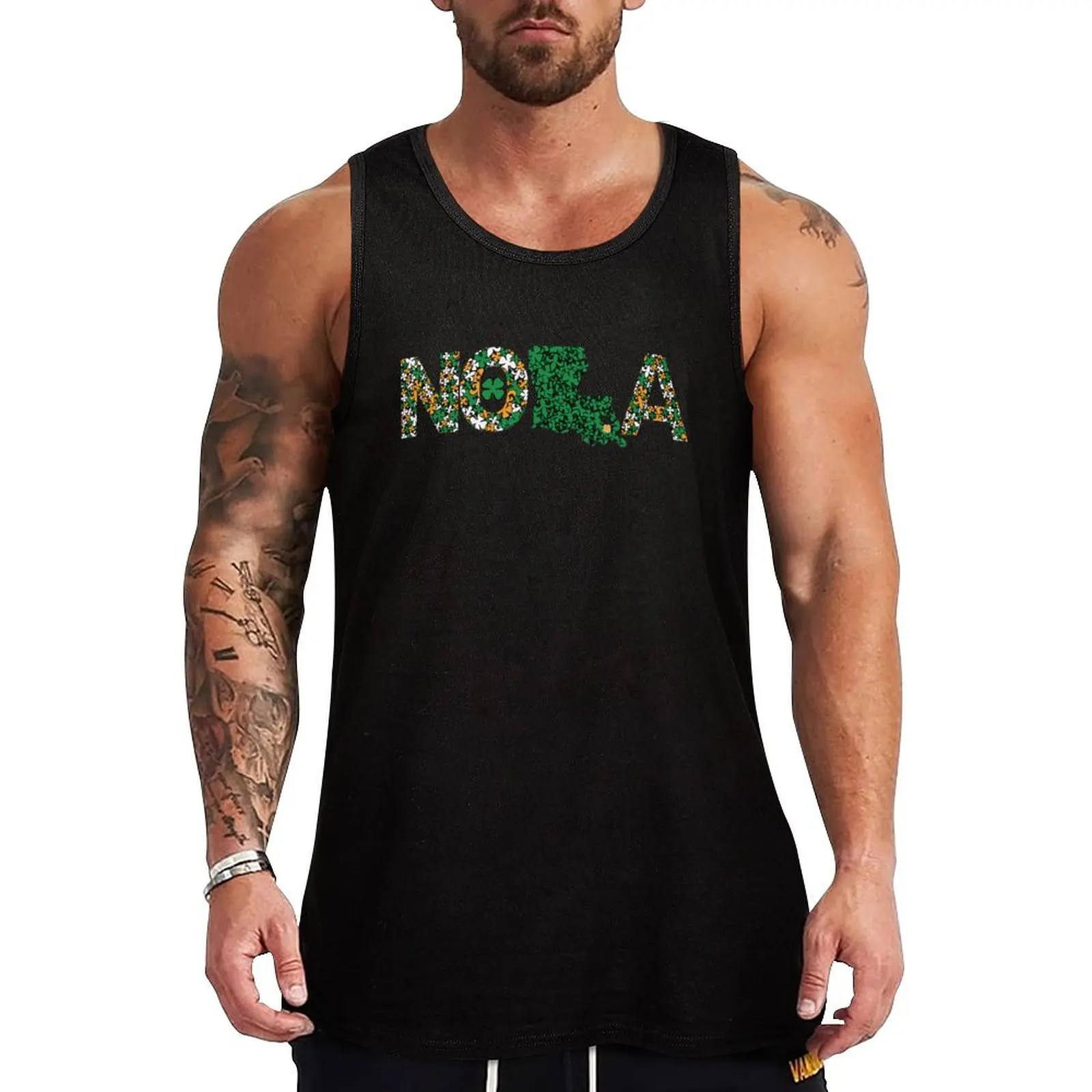 

Green White Orange St. Patrick's Day NOLA with Fleur de Lis and Clovers Tank Top Classic Fit Undershirt Everyday Wear