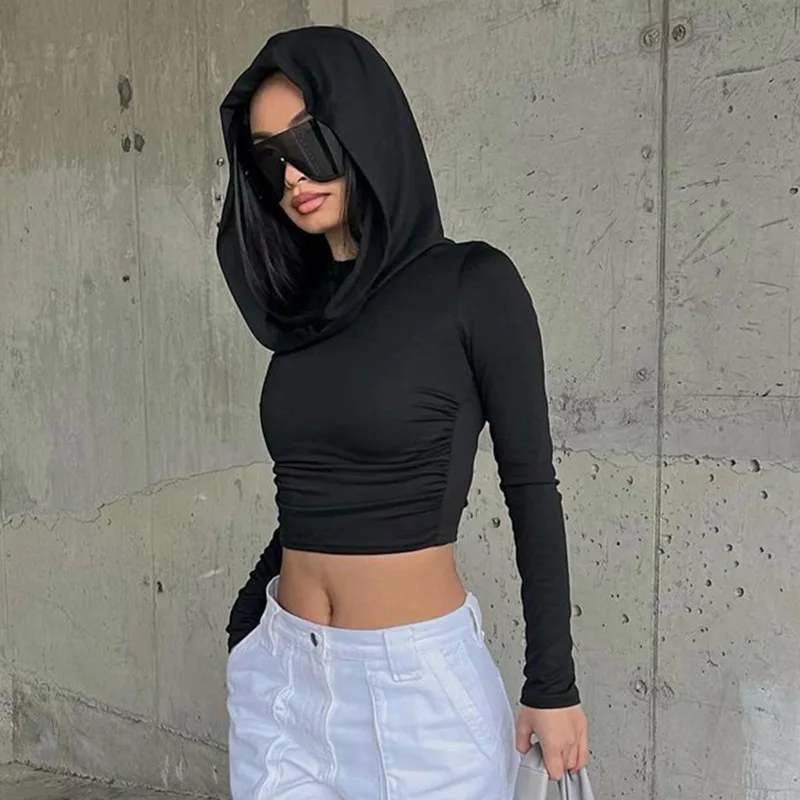 2025 Fashion Women Black Hooded Long Sleeve T-shirt Autumn Solid Color Short Top Spring Y2k Style Slim Fit Blouse