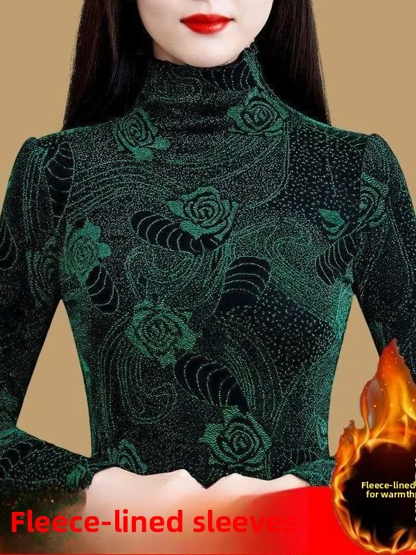 women's-fleece-lined-high-collar-base-shirt-spring-autumn-fashionable-versatile-warm-top-inner-wear-matching-neck-pin