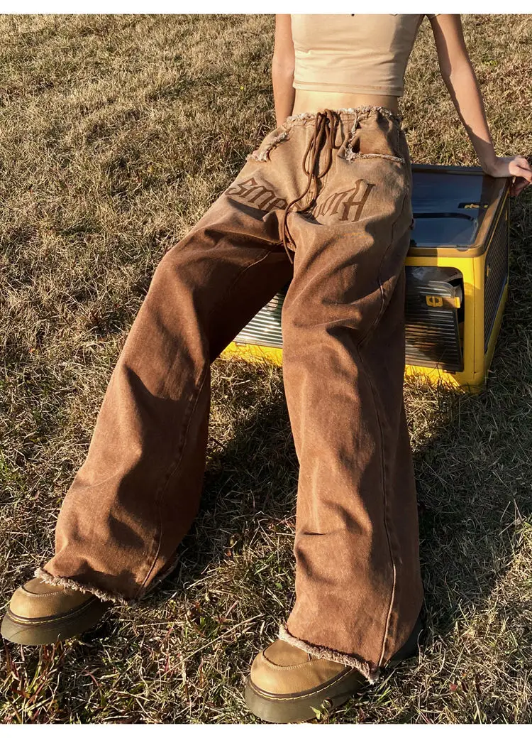 Y2k Brown Vintage Jeans Hip Hop Denim Pants Female 90s Street Style Wide Leg Trousers Women High-Waisted Straight-Leg