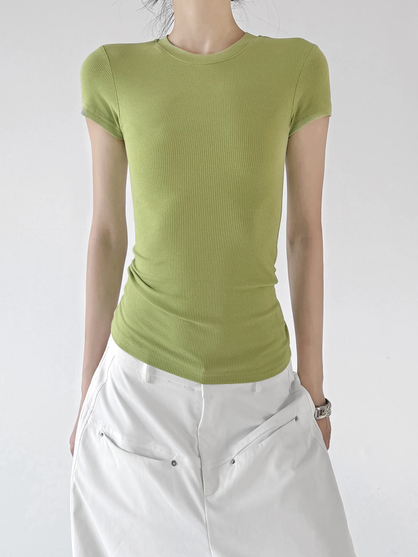 Korean Style round Neck Short Sleeve Slim Fit Women's T-shirt Summer New Arrival High Waist Control Versatile Tight Top