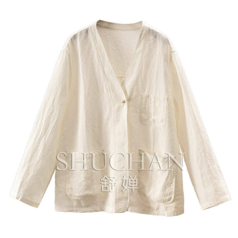 

100% Linen V-Neck Shirt Jacket Women 14B2 Thin 2025 Casaco Feminino Jacket Women Long Sleeve