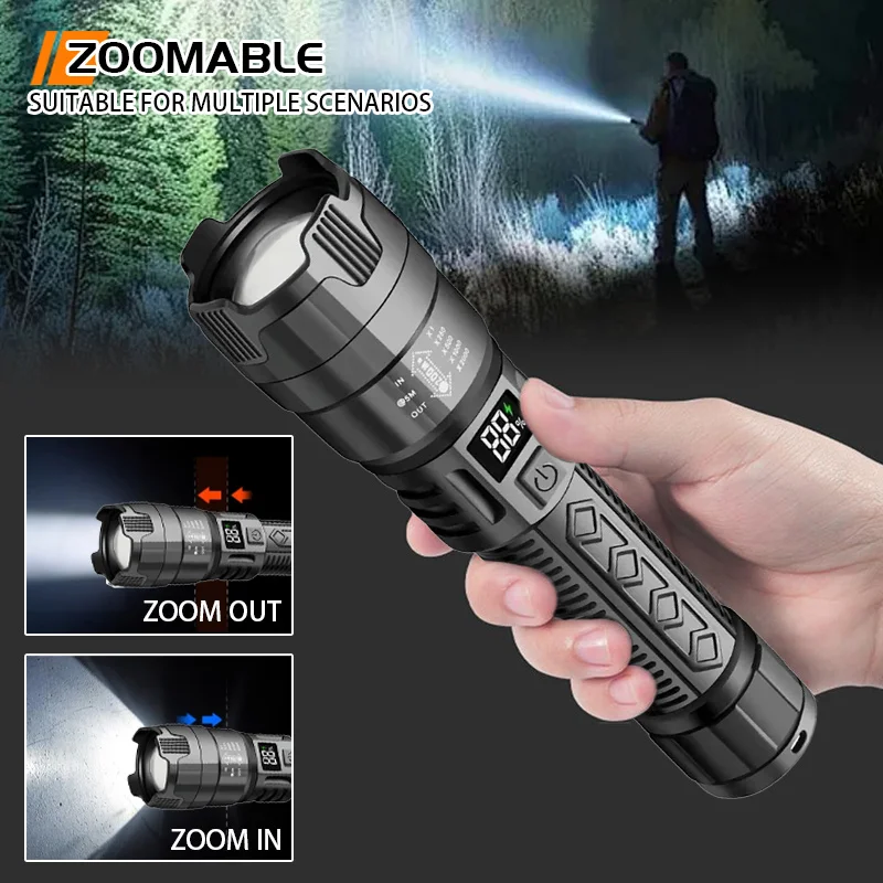 

Высокомощные светодиодные фонарики, яркий тактический фонарь с дисплеем, перезаряжаемый фонарь для кемпинга, рыбалки, аварийный зум-фонарь