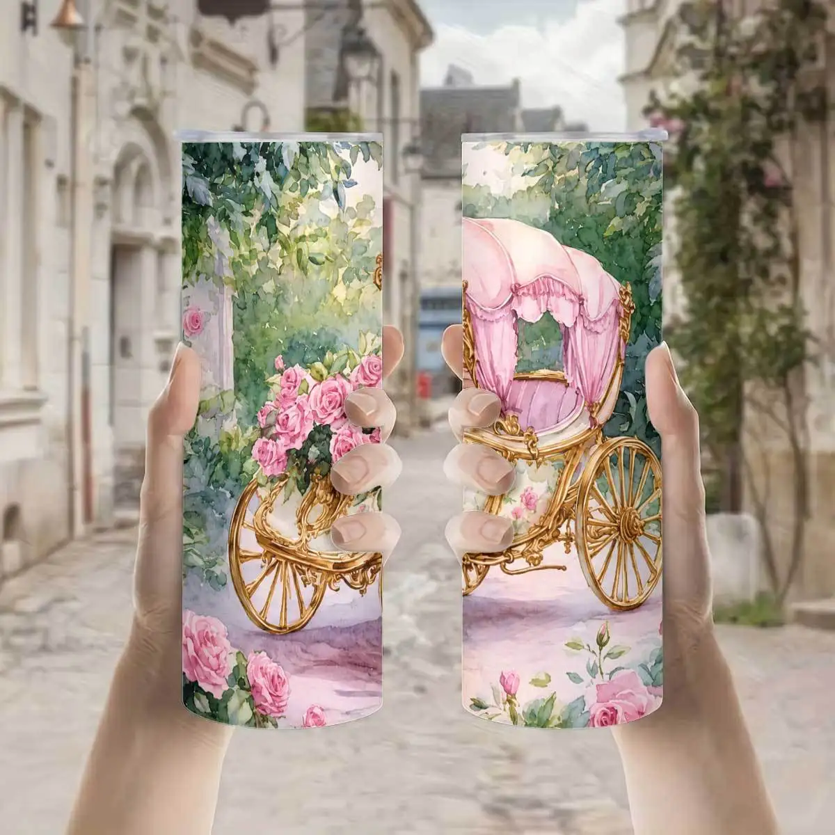 1 pieza, vaso térmico de acero inoxidable de 20 onzas con diseño floral de jardín de rosas rosadas vintage y carruaje dorado, con tapa, para café, oficina, viajes, uso diario, a prueba de fugas y libre de BPA, mantiene las bebidas frías o calientes, regalo ideal para mujeres, madres, esposas, novias en su cumpleaños.