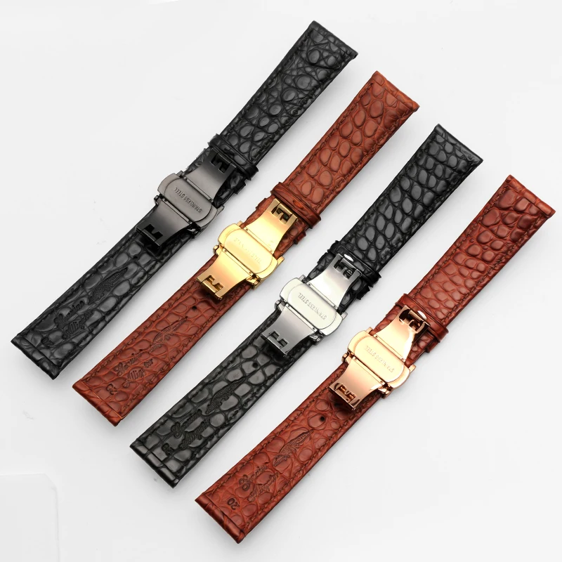 Crocodile skin watch strap 18 19 20 21 22 Double alligator skin men and women’s watch band Black brown white line For any brand