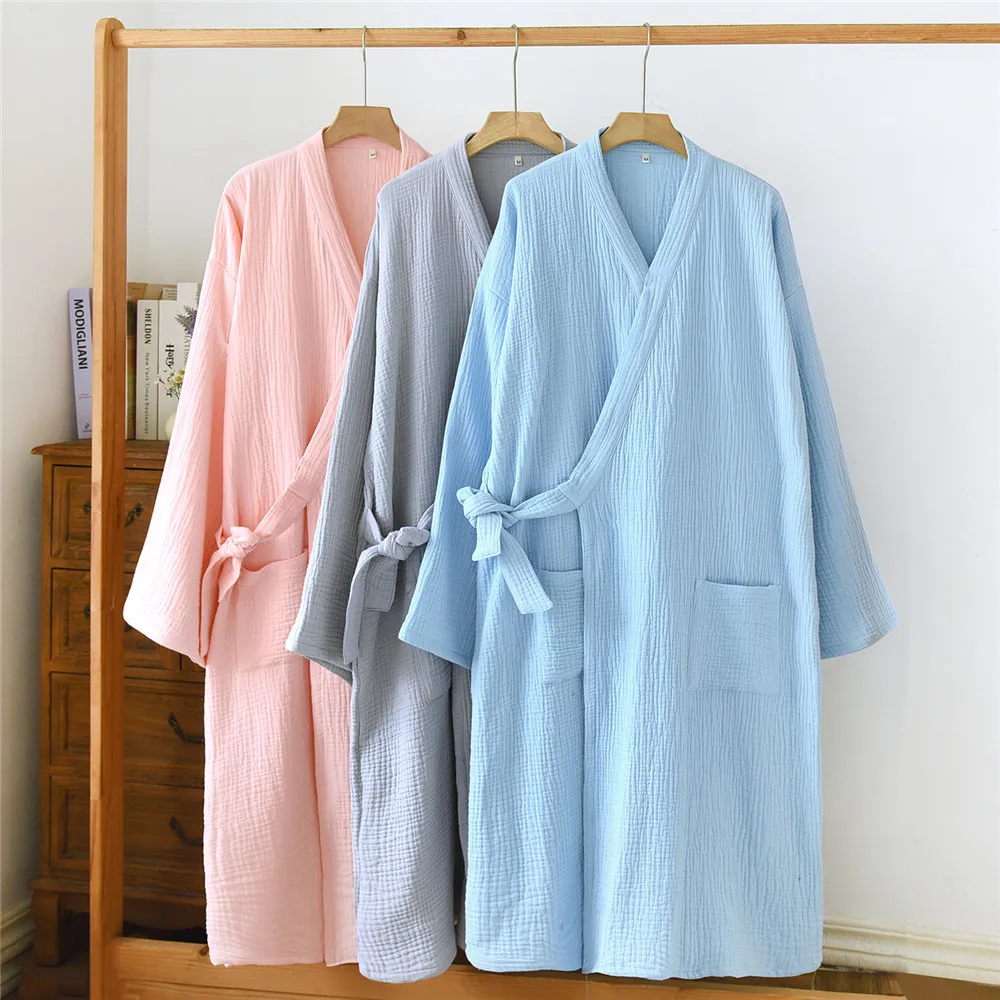 

Solid Color Cotton Three-Layer Gauze Bathrobe for Couples Spring Autumn Fashion Homewear Absorbent Quick-Dry Robes