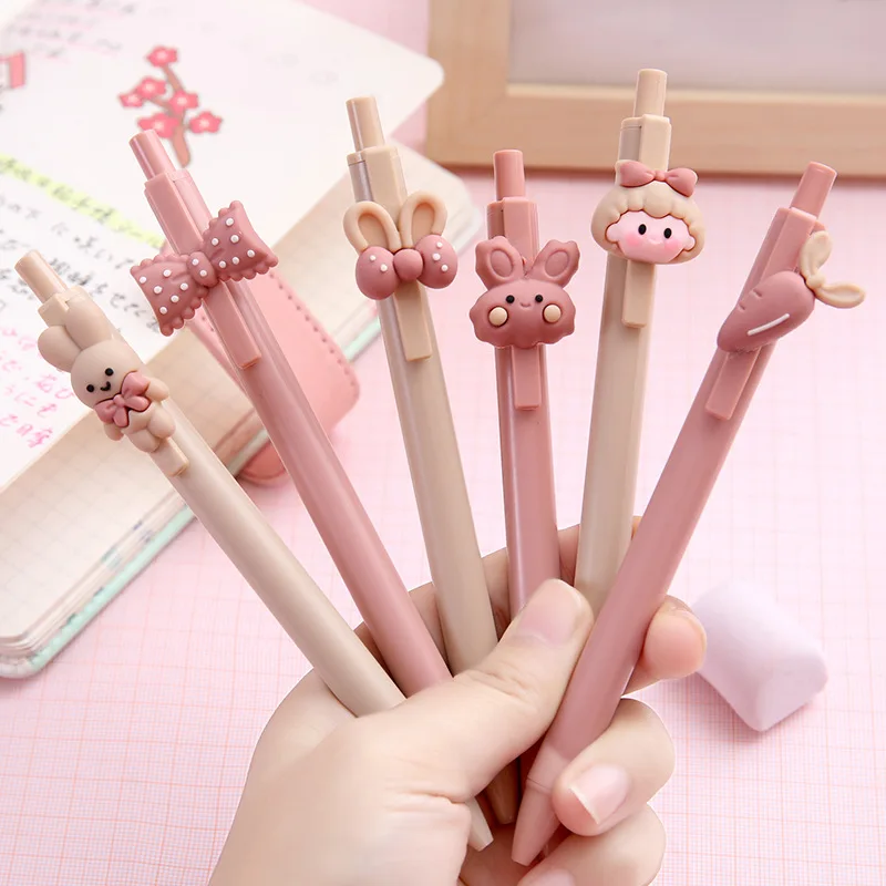 CHEN LIN 5Pcs Cute Sweet Pink Girl and Rabbit Gel Pen Cartoon Press Pen 0.5mm Black School Supplies Stationery Kawaii Funny Pens