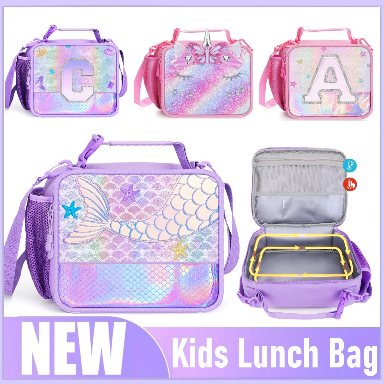 Mermaid & Unicorn Kids Lunch Bag for School Portable Insulated Cooler Thermal Bag Children's Bento Box Picnic Tote with Strap