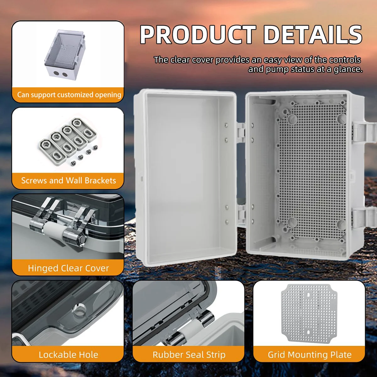 P66 Waterproof ABS PC Plastic Electronic Junction Box with Hinged Buckle Gray/Transparent Cover Case Power Distribution Case