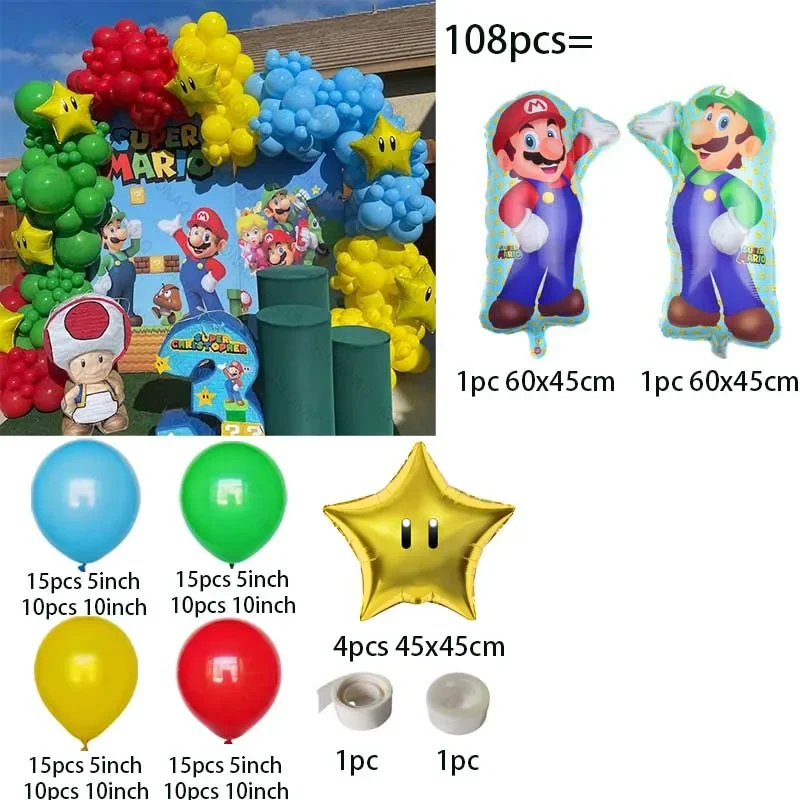 108 Uds. Kit de arco de guirnalda de globos con temática de Super Brothers Mario, globo de látex rojo, azul y verde, suministros de decoración para fiesta de cumpleaños infantil