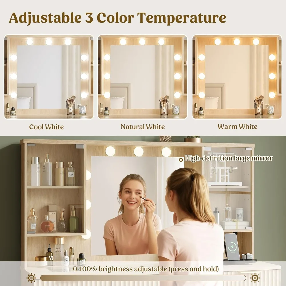 مكتب مكياج مخدد مع مرآة وأضواء، زينة خشبية مقاس 48 بوصة، وطاولة تزيين مع 3 أدراج وأرفف قابلة للتعديل، زجاج