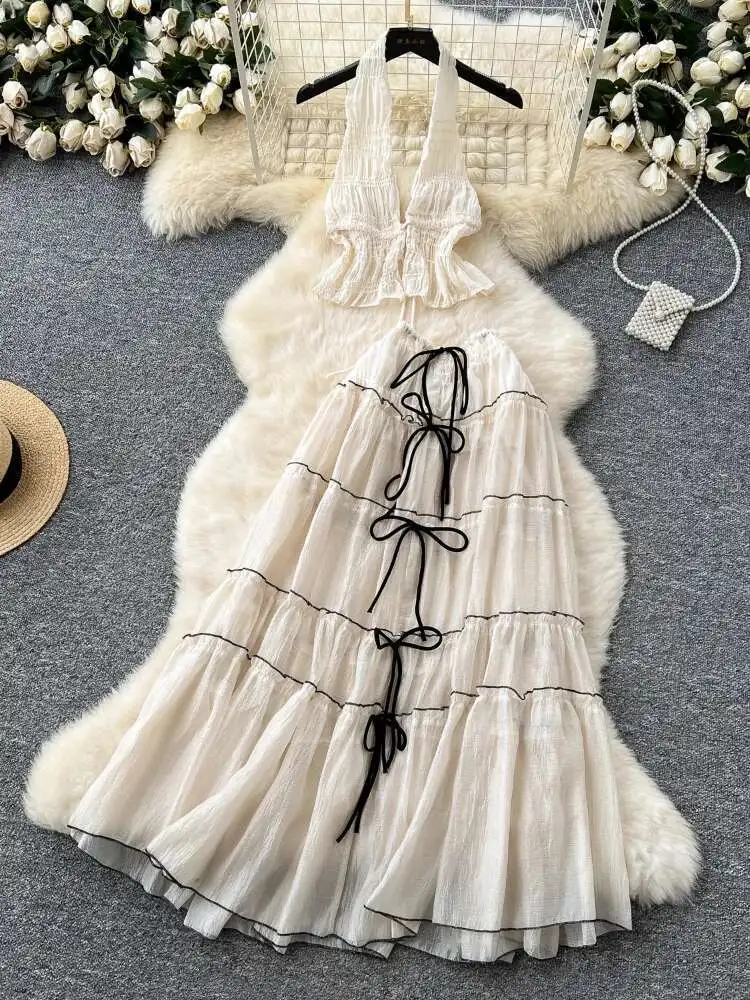 

French Style Sexy Two Piece Sets Summer V-neck Hanging Neck Backless Top+high Waist A-line Long Skirt Boho Suits Chiffon Outfits