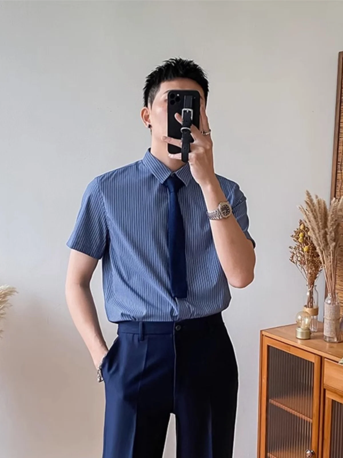 

Мужская летняя тонкая рубашка Slim Fit с коротким рукавом, однотонная, для делового стиля, для молодых мужчин