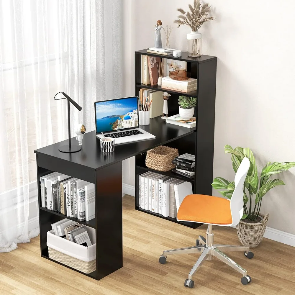 Compact Reversible Computer Desk 48 Inch with Storage Shelves, Bookshelf, and CPU Stand for Study and Writing